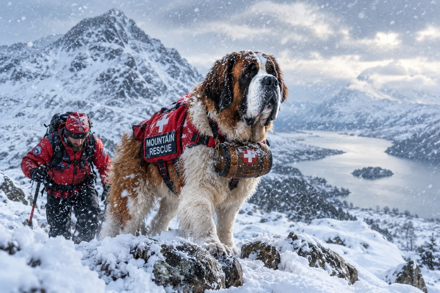 St Bernard Mountain Rescue Dog Art Print, Snowy Mountains, A4